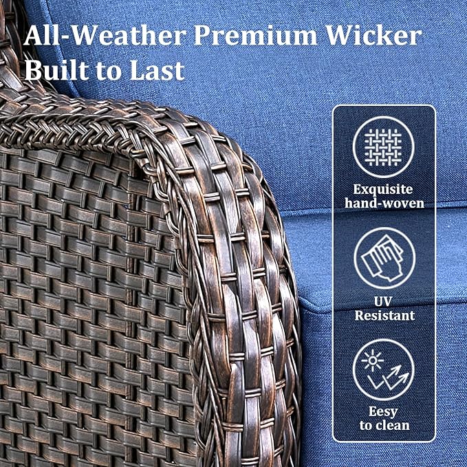 Luxury High Back Patio Furniture Set with 6-Inch Thick Cushions, 9-Pieces Outdoor Furniture with Swivel Chairs, Wicker Conversation Set for Porch, Balcony, Deck and Yard, Brown/Blue