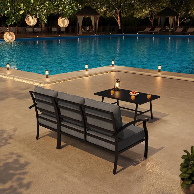 Metal Patio Furniture Set,2 Pieces 3 Seats Patio Sectional Outdoor Furniture Set with Rectangular Coffee Table,Patio Conversation Sets with 5.1" Thickened Cushions,Grey