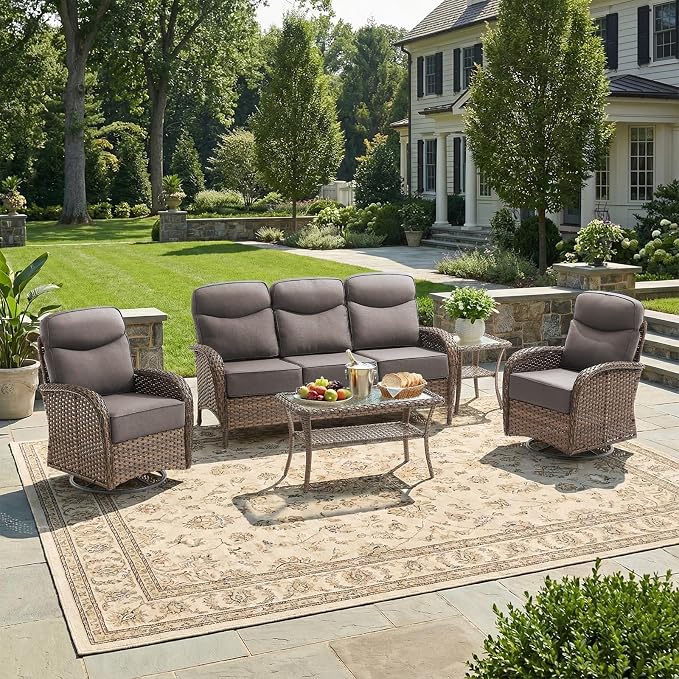 Luxury Patio Furniture Set with 6-inch Thick Cushions, Outdoor Furniture Set with High Back Swivel Chairs, 5 PCS Wicker Outdoor Conversation Set for Porch, Patio, Yard, Deck, Poolside, Brown/Grey