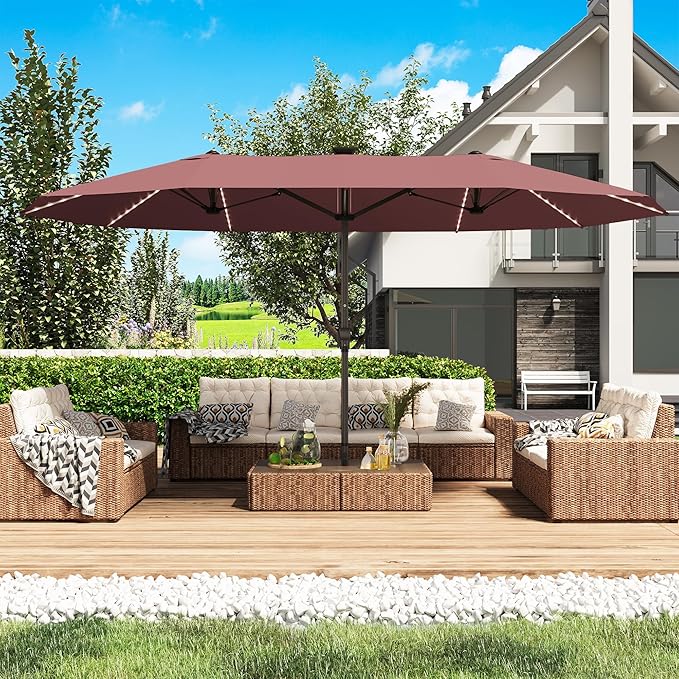 GDPFN 15ft Large Patio Umbrella with Solar Lights, Outdoor Double-Side Rectangular Umbrella, Backyard Pool Umbrella with LED Light for Deck, Outside, Market, Burgundy (Base Not Include)