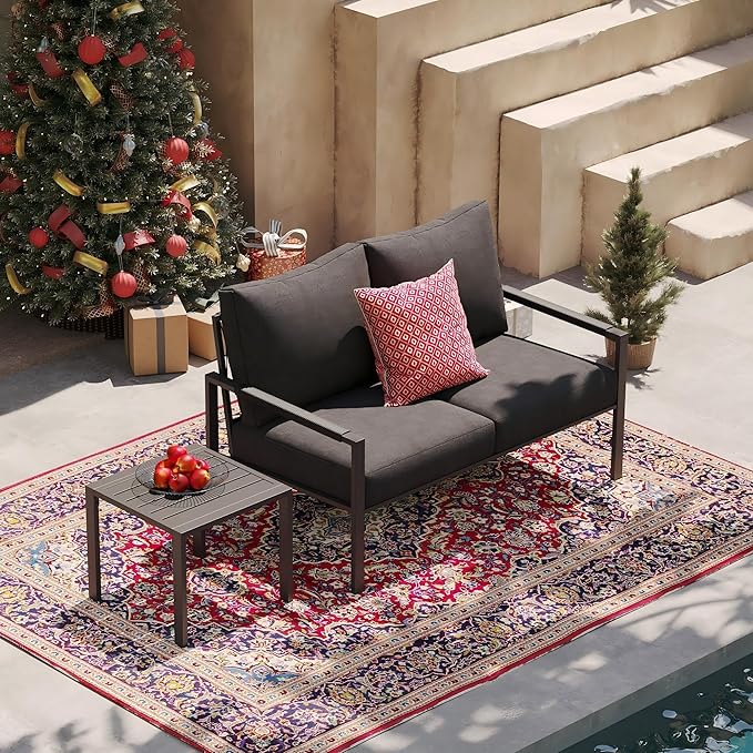 Sundale Outdoor 2 Pieces Patio Set Outdoor Metal Furniture Sets with Loveseat and Side Table, Outdoor Patio Couch for Garden, Backyard, Porch, or Balcony, All-Weather Patio Sofa with Cushions