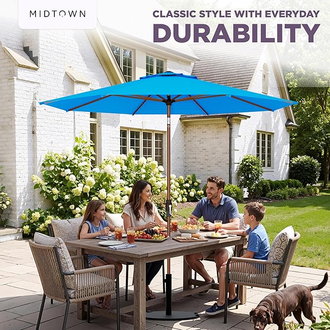 Midtown Umbrellas Wooden 2-10 Ft Patio Umbrella with 360° Swivel & Tilt Mechanism, 8 Fiberglass Ribs & Terylast Polyester Fabric for Deck, Pool, Garden & Porch - Cobalt Canopy, Wooden Pole