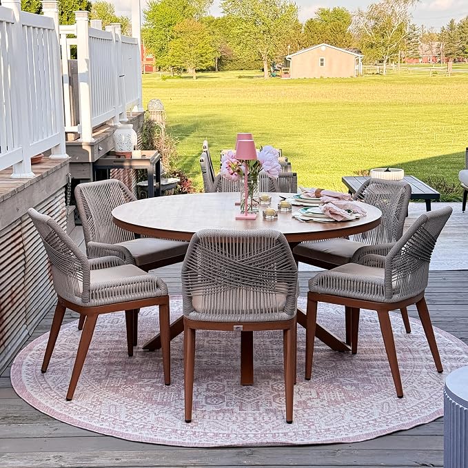 PURPLE LEAF 7 Pieces Round Dining Set Patio Aluminum Modern Round Table and Wicker Chairs with Cushions for Kitchen Backyard Garden Outdoor Furniture Sets