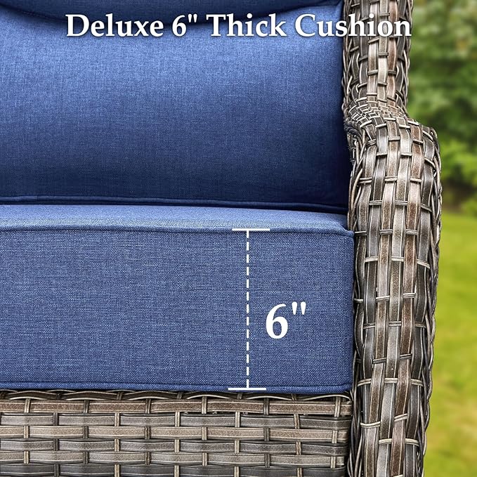 Luxury 4 Pieces Patio Furniture Set-Outdoor Swivel Rocker Patio Chairs with 6" Extra Thick Cushions, High Back Outdoor Couch and Coffee Table, Wicker Conversation Sets for Porch Deck(Grey/Blue)