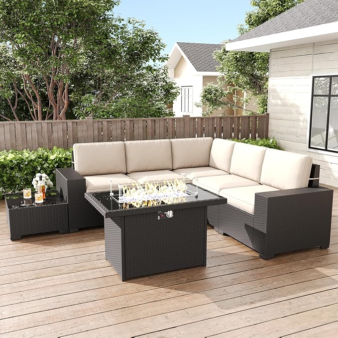 LayinSun 7 Pieces Patio Furniture Set with Fire Pit Table, Black Rattan Modular Sectional Patio Conversation Sofa Set