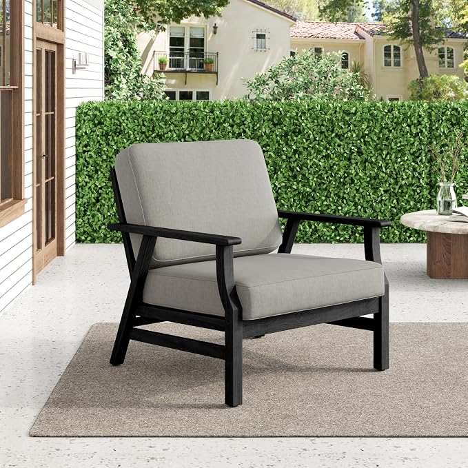 3 Piece Wood Patio Chair Outdoor Bistro Set, Outdoor Armchair All Weather Patio Sofa Furniture Backyard Conversation Sets with Dark Wooden Side Table, Light Camel