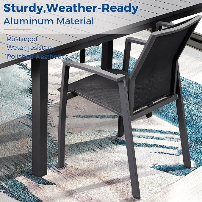 Wisteria Lane Outdoor Patio Dining Set, 5 Piece Aluminum Modern Outdoor Table and Chairs Set for 4, Metal Expandable Patio Table & 4 Stackable Textilene Chairs for Balcony Deck Backyard, Grey