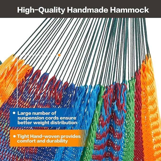 CHULIM Handwoven Mayan Hammock with 10ft Tree Straps, 550lbs Capacity Soft Rope Double Hammock, Portable Outdoor Hammock with Carry Bag for Camping Backyard Beach - Multi Color
