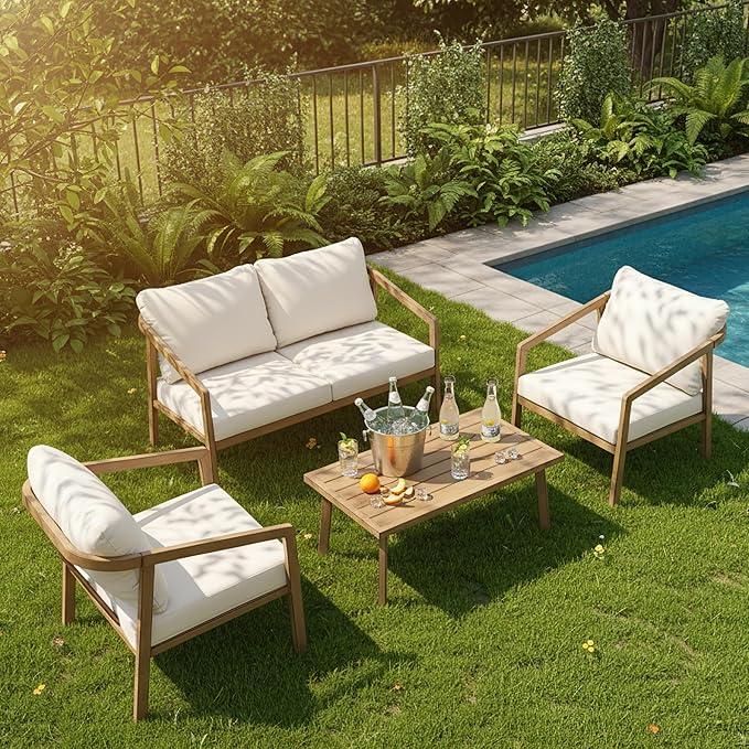 Patio Conversation Sets, 4 Piece Patio Furniture Sets with Loverseat、Armchair Sofa & Coffee Table, Aluminum Modern Outside Sectional Furniture for Garden, Backyard, Porch (Brown)