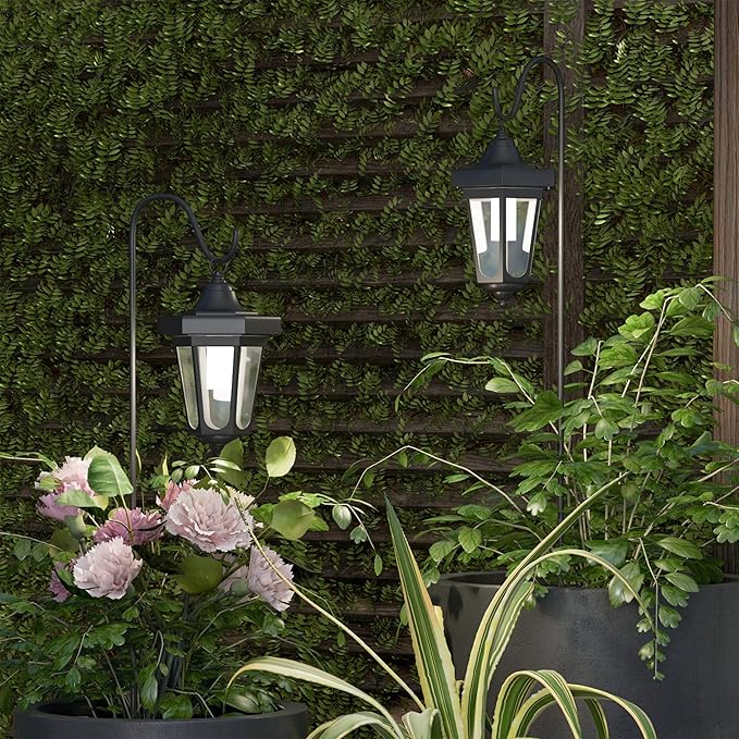 Set of 2 Solar Lanterns - Waterproof Hanging Coach LED Lights with Shepherd Hooks for Mounting - Garden Decor for Outside by Pure Garden (Black)