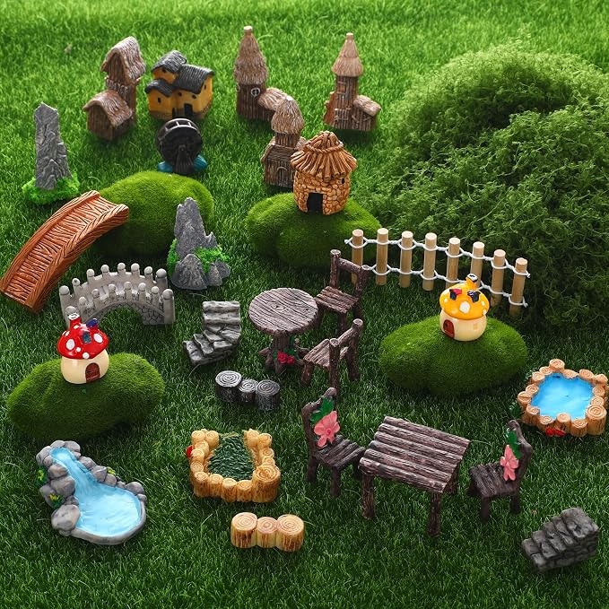 32 Pcs Fairy Garden Accessories Miniature Landscape Ornaments Set | Resin Miniature Garden Decor Set with Woodland Animals Houses, 32 Pcs DIY Terrarium Succulent Plant Ornaments