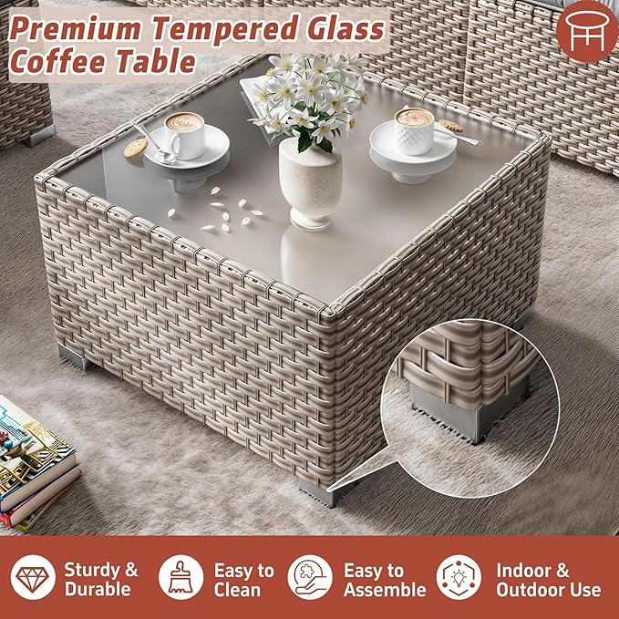 10 Pieces Patio Furniture Set with Fire Pit Table, Outdoor Sectional Wicker Sofa with Thick Cushions, High Back Swivel Rocker Patio Chairs, Rattan Conversation Set with Coffee Table, Khaki
