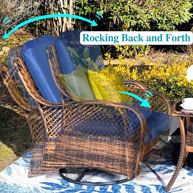 PHI VILLA 4 Piece Outdoor Swivel Rocker Chairs Patio Furniture Set with Gas Fire Pit Table Square, Wicker Patio Conversation Fire Pit Table Set for Garden, Deck, Porch, Backyard (Navy Blue)