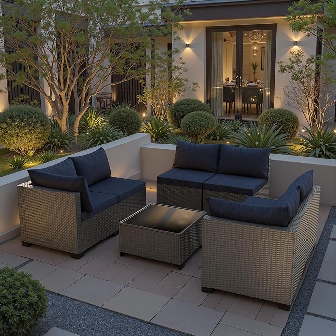 7 Piece Patio Furniture Set, All-Weather Water-Resistant Wicker Rattan Sectional Sofa, Modular Outdoor Conversation Set for Backyard, Garden, Poolside, Balcony
