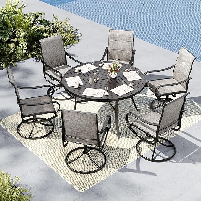 MFSTUDIO Outdoor Dining Set for 6, Round Patio Table and Chairs Set with Umbrella Hole, 7 Piece Outdoor Patio Furniture Set for Deck, Backyard, Poolside & Garden