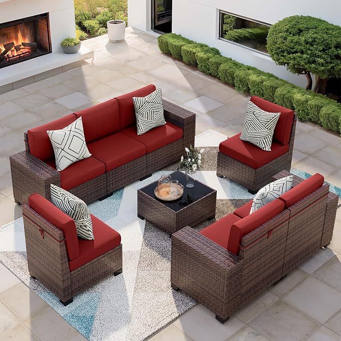 Patio Furniture Set, 8 Pieces Outdoor Sectional Sofa Conversation Sets with Waterproof Cover Modern Wicker Seating Set, 4'' Thickened Cushions 1 Glass Coffee Table 2 Armless Sofas, Wine