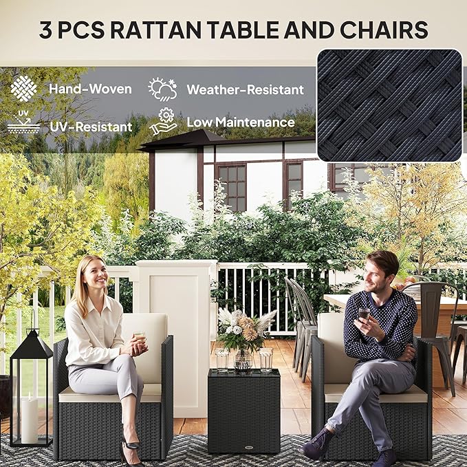 Outsunny 3 Piece Patio Furniture Set, Folding Outdoor Wicker Bistro Set with Washable Cushions, Adjustable Feet, and Glass Coffee Table, Easy Assembly for Garden, Balcony, Poolside, Backyard, Black