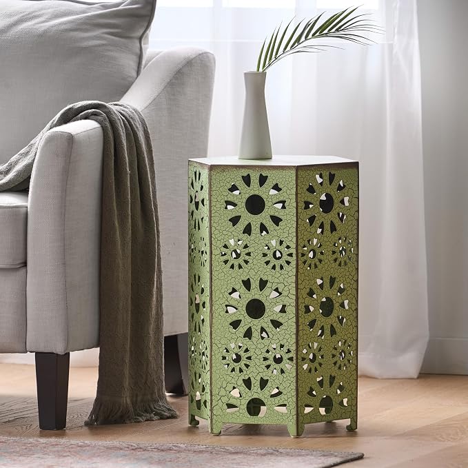 Metal Outdoor Side Table, Sunburst Cut-Out Design, Vibrant Color Addition, No Assembly & Lightweight, Patio Side Tables for Outside, Garden, Entertaining,Green