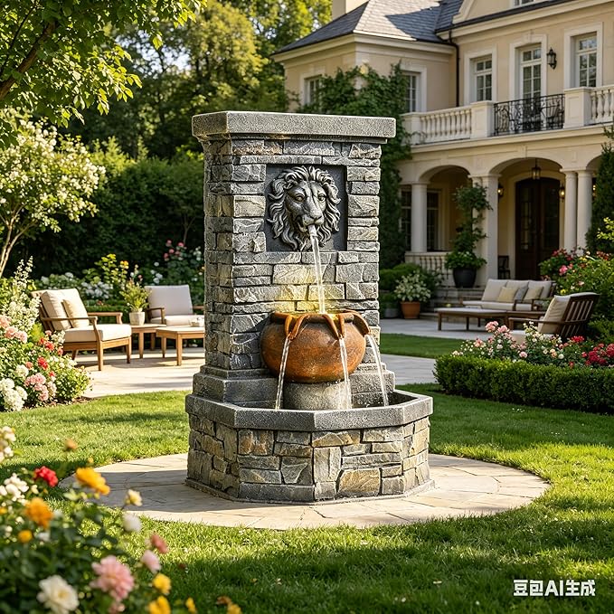 32'' Outdoor Water Fountain, Lion Head Floor-Standing Stone Waterfall Fountain with LED Lights, Garden Decor Water Feature for Patio, Backyard, Deck, Porch, Home Art Decor