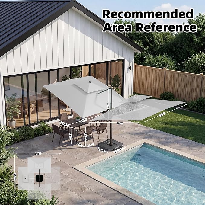 10x10 FT Cantilever Patio Umbrella with Base Included Double Top Outdoor Square Large Heavy Duty Aluminum Offset Umbrellas with 7 Level Tilt 360-degree Rotation for Pool Garden Deck,Fog Grey