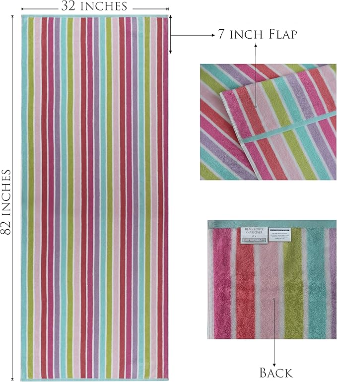 COTTON CRAFT Pool Lounge Chair Cover - 2 Pack Dobby Terry Stripe Chaise Lounge Cover - Soft 100% Cotton Towel Beach Chair Cover - Oversized 32 in W x 82 in Length x 7 in Pocket – Pink Multi