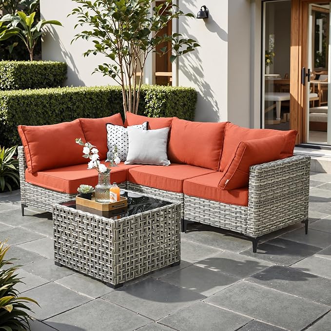 Outdoor Patio Furniture Sets,5 PCS Patio Conversation Set Outside Rattan Sectional Sofa with Coffee Table Fit Backyard Porch Garden Poolside Balcony