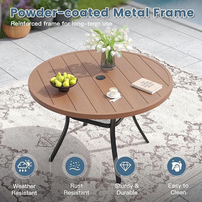 DIFY 5 Pieces Outdoor Dining Set for 4, Patio Furniture Set of 4 Wicker Patio Chairs with Soft Cushions and 40.6" Walnut Round Metal Table with Umbrella Hole, for Backyard Garden Deck, Wheat Rattan