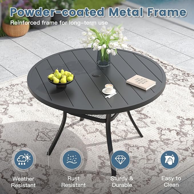 DIFY 7 Pieces Outdoor Dining Set for 6, 47.2" Round Dining Table with Umbrella Hole & Wicker Stackable Patio Chairs with Cushions, Metal Patio Table and Chairs Set for Backyard Porch Garden, Black