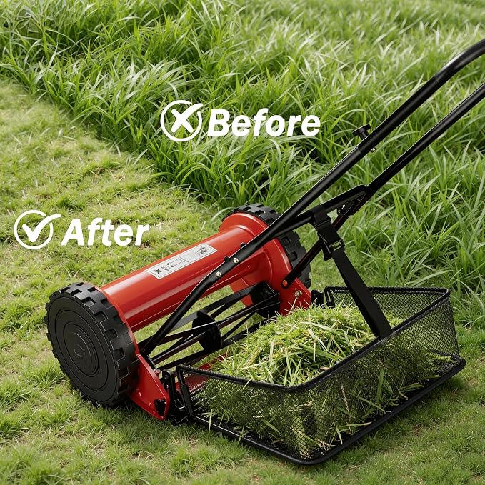 Garvee 14" Cordless Manual Reel Lawn Mower, Walk-Behind Push Mower with 5-Blade Cutting System, Durable Steel Frame, Adjustable Cutting Height, Comfort Grip Handle & 6.7-Gallon Grass Catcher