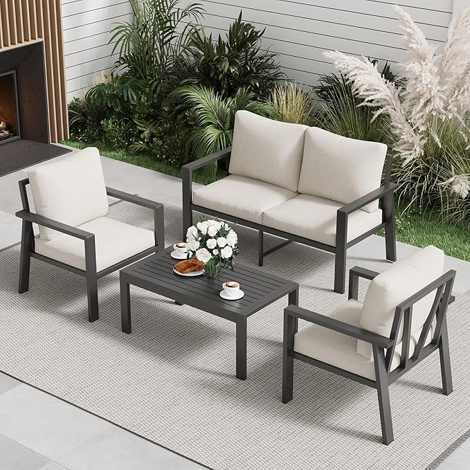 4-Piece Aluminum Patio Conversation Sets All-Weather Sectional Outdoor Furniture Set with Coffee Table & Cushions with Removable Covers for for Backyard, Garden and Poolside Easy Assembly(Beige)