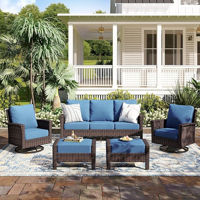 5-Piece Wicker Patio Furniture Set with Swivel Chairs, High Back Outdoor Furniture with 5.5-inch Thick Cushion and Ottoman, All-Weather Wicker Patio Conversation Set for Deck Lawn, Navy Blue