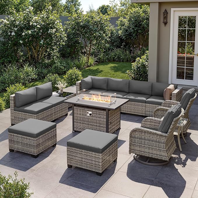 13-Piece Outdoor Patio Furniture Set with Rocking Swivel Chair, Wicker Rattan Sectional Sofa Conversation Set with 55,000 BTU Fire Pit Table with Ottomans, Backyard Furniture, Grey