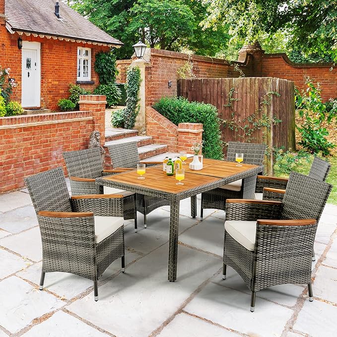 Tangkula 7 Pieces Outdoor Dining Furniture Set, Patio Rattan Conversation Set with Spacious Acacia Wood Table, 6 Chairs with Widened Armrests, Non-slip Foot Pads, Suitable for Backyard Poolside (Grey)