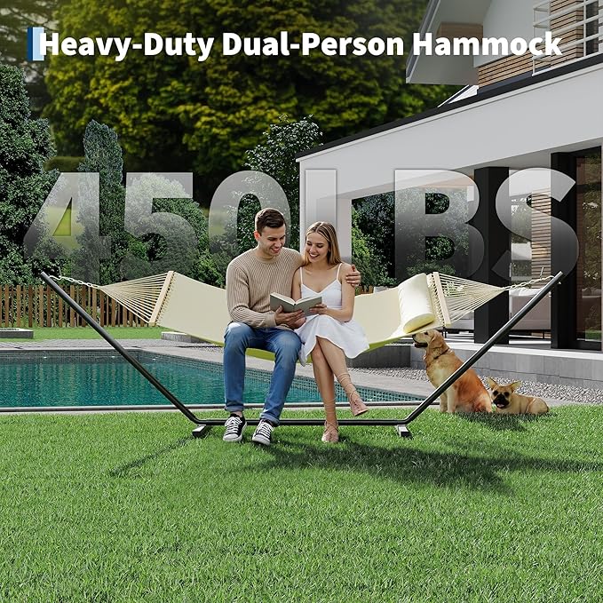 GarveeLife Outdoor Double Hammock with Heavy Duty Adjustable Steel Stand, Portable 2 Person Hammock for Patio Garden Beach Backyard
