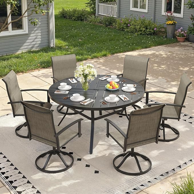 7 Pieces Round Outdoor Table and Chairs Set, Patio Dining Set with 50" Round Spliced Outdoor Table and Patio Swivel Chairs for Backyard Lawn Garden, Black Table and Mixed Brown Chairs