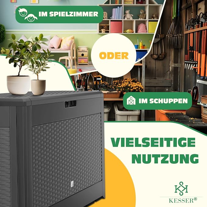KESSER Rattan Look Garden Storage Box, 310L, Foldable Lid, 3 Handles, Wheels, Weatherproof, Easy Assembly