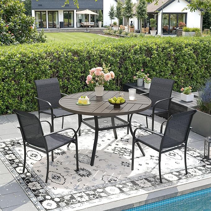 DIFY 5 Pieces Outdoor Patio Dining Set for 4, 40.6" Grey Wood-Like Round Metal Dining Table and 4 Grey Stackable Sling Dining Chairs, Outdoor Table and Chairs for Lawn Garden Backyard Deck
