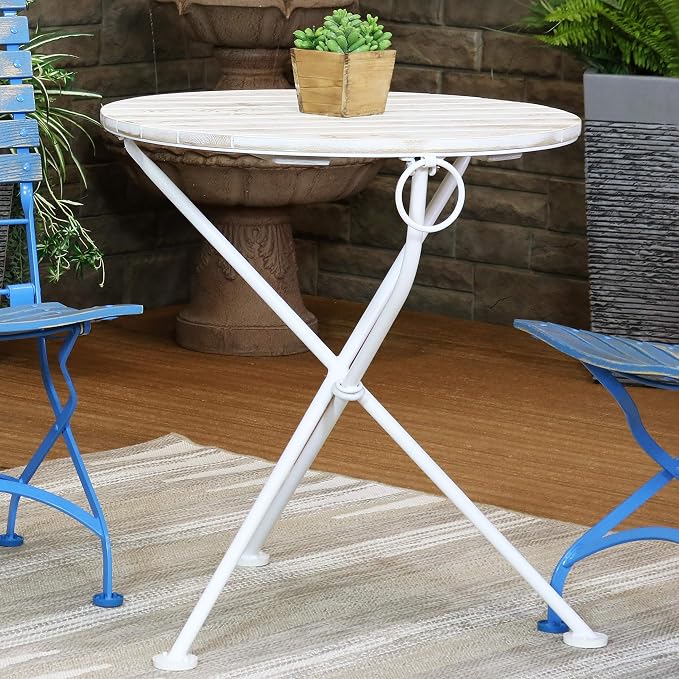 Sunnydaze French Country Wood Round Bistro Table - Portable White Folding Table for Indoor or Outdoor Use - 28" Round