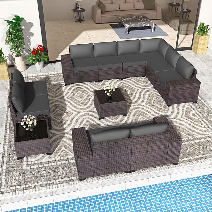 Patio Furniture Set 12 Pieces Outdoor Sectional Sofa Set,PE Rattan Wicker Patio Conversation Set with Thickened Cushions and Glass Coffee Table,Grey