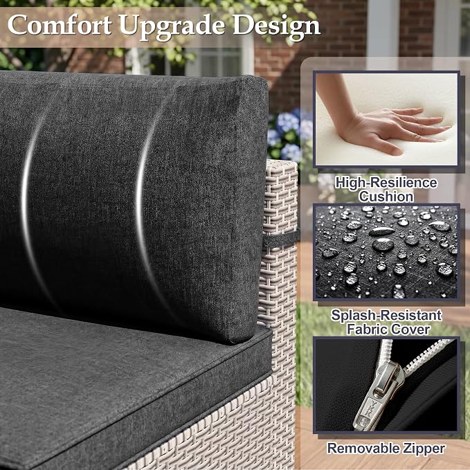 Patio Furniture Set, 14-Piece Outdoor Sectional Sofa with 2-Layer Glass Coffee Table, Wicker Patio Conversation Set with Black Cushions for Backyard, Poolside, Porch
