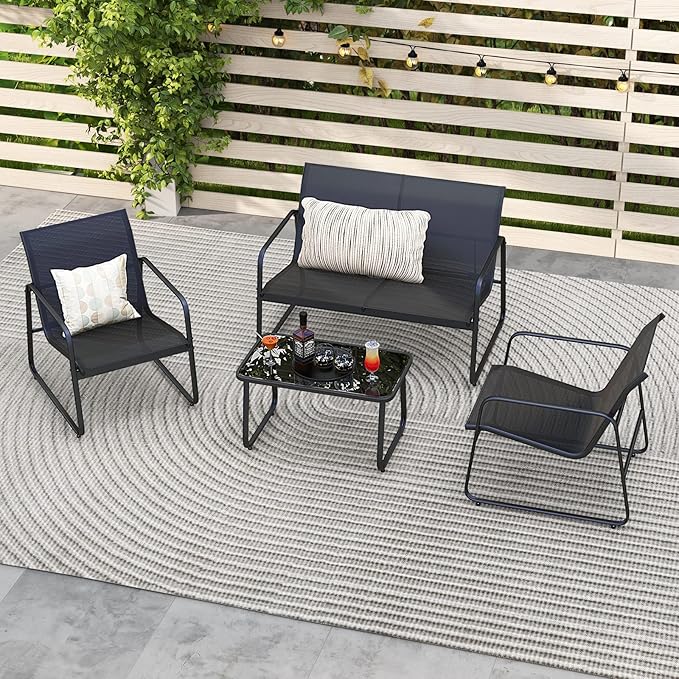 Tangkula 8 Pieces Patio Furniture Set, Outdoor Conversation Set with Tempered Glass Coffee Table, Outdoor Garden Porch Furniture Set with Breathable Fabric and Rustproof Metal Frame (2, Black)
