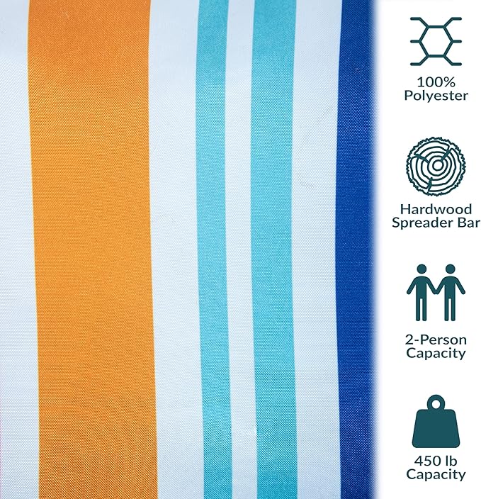 Sunnydaze Extra Large Quilted Hammock with Spreader Bars - 2-Person Hammock for Outside - Caribbean Stripe