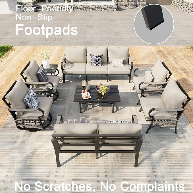 8 Pieces Outdoor Patio Conversation Sets, Rope Outdoor Furniture Set Metal 3-Seater Couch, 2 Swivel Rockers with Side Table and 2 Single Chairs, Loveseat Sofa with Coffee Table for Backyard, Beige
