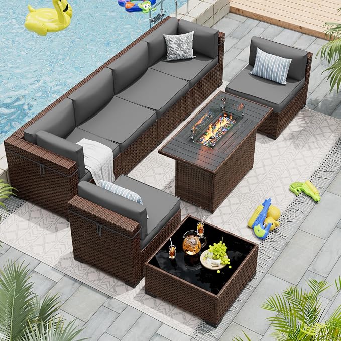 Patio Furniture Set with 44'' Propane Gas Firepit Table, 8 PCS Modular Outdoor Sectional Conversation Sets, All-Weather Wicker Patio Set for Backyard, Grey (Waterproof Covers Included)