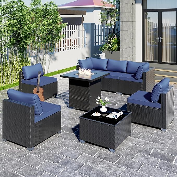 8-Piece Outdoor Patio Sectional Sofa Set with Fire Pit Table – PE Wicker Rattan Modular Conversation Furniture, Cushions & Clips Included – Patio Couch for Porch, Backyard, Poolside, Garden