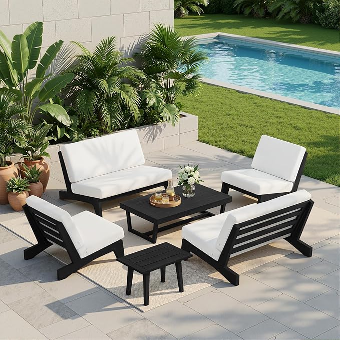 UIXE 6 Pieces Black Wood Patio Furniture Sets, 2 Patio Loveseat, 2 Patio Bistro Chair, All Weather Outdoor Sectional Sofa Furniture Backyard Conversation Set with Coffee Table - Beige