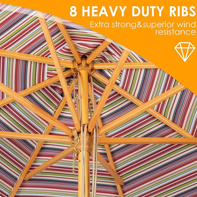 9ft Wooden Umbrella, Outdoor Patio Umbrella, Wood Market Umbrella, Patio Umbrella Wood Pole with Pulley Lift for Garden, Yard, Deck, Pool, Market