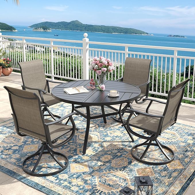 Outdoor Dining Set for 4, 40.7" Metal Round Outdoor Dining Table with Umbrella Hole and Sling Patio Swivel Chairs, 5 Pieces Patio Table and Chairs Set for Garden Backyard, Mixed Brown and Black