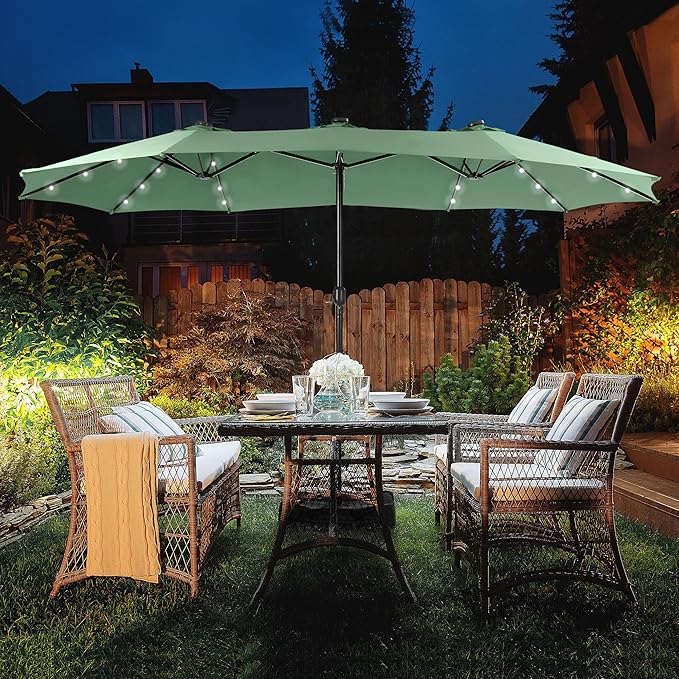HERA'S PALACE 15ft Patio Umbrella with Base Included Double Sided Outdoor Umbrella for Patio Table Umbrella Outdoor 36 LED Solar Lights for Garden