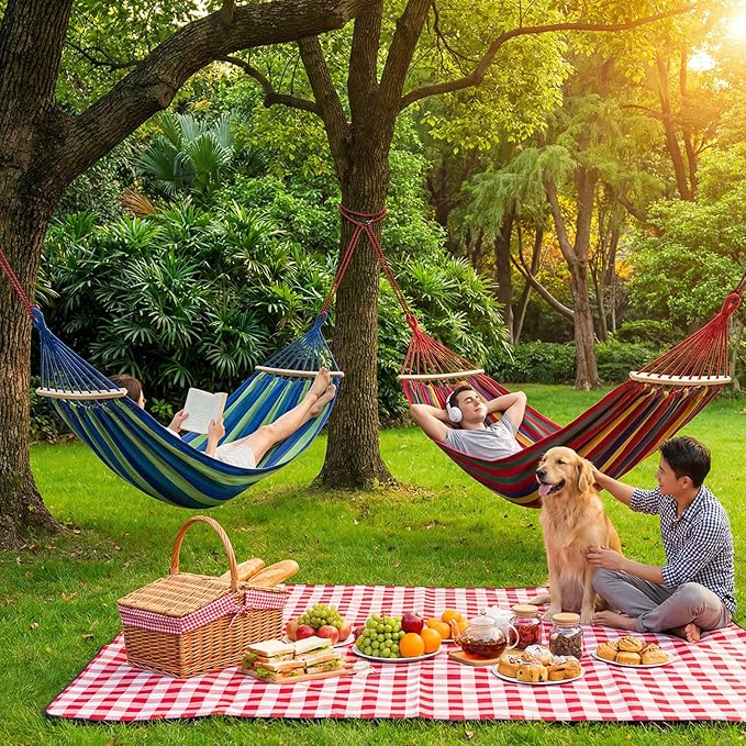 SATINIOR 2 Pack Canvas Portable Camping Hammocks for Outside, 660lb, Large 305 x 150 cm Metal Knot Hanging Hammock with 2 Carrying Bag 4 Tree Strap 4 Anti Roll Balance Beam for Patio Backyard Outdoor